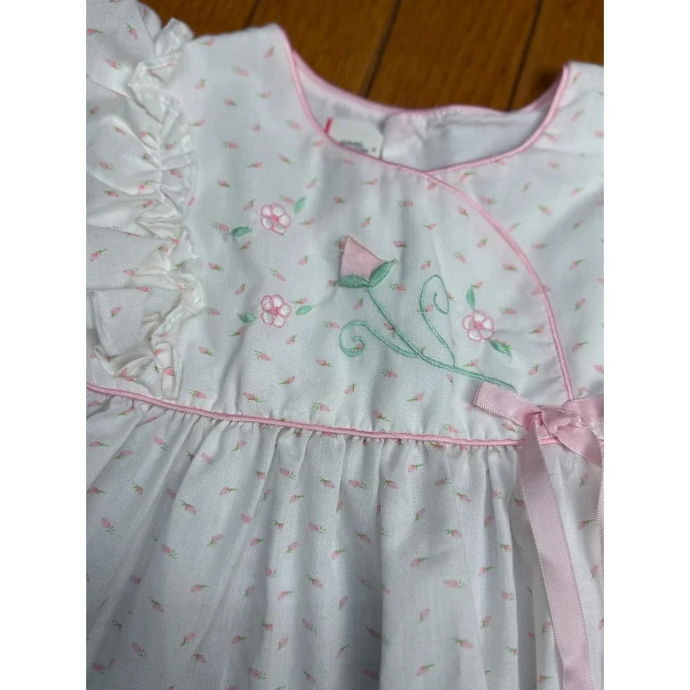 Vintage Toddler Girls White Pink Floral Embroidered Ruffle Dress Size 4T‎